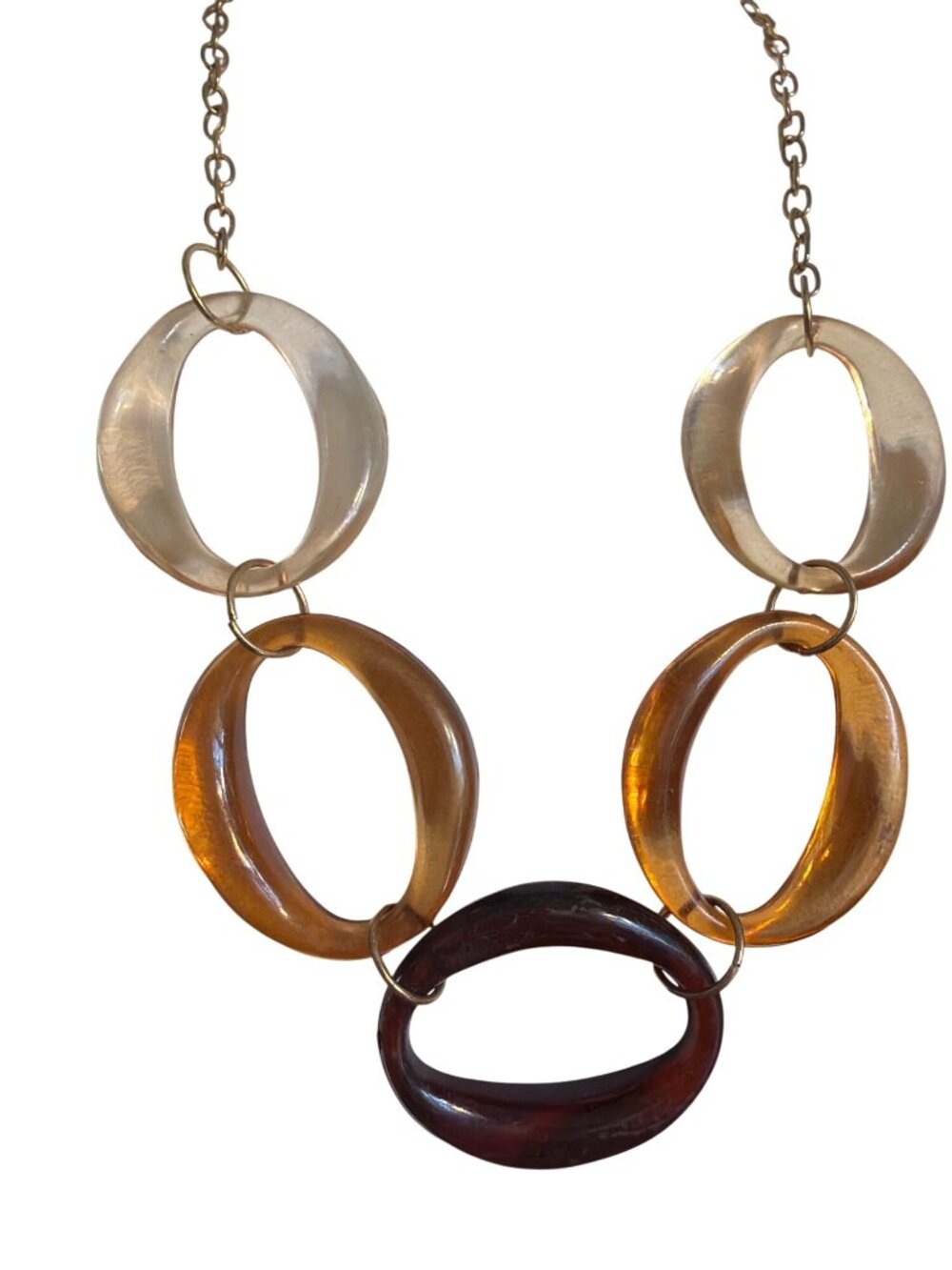 Chunky Acrylic Chain Link Necklace Gold Tone Amber Brown Tones Statement Adj 18"